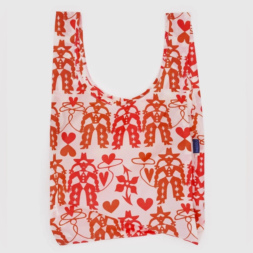 Standard Baggu Reusable Tote Bag in Red & White Cowgirl Print Folds to 5x5 NWT